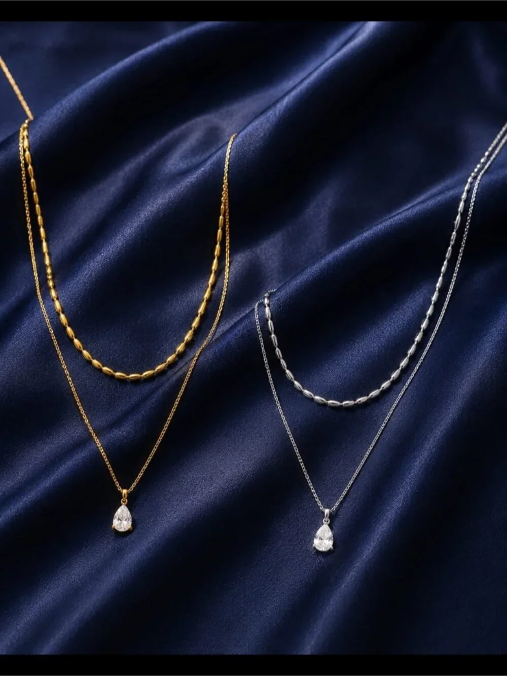 Stainless Steel Gold Tone  Layered Teardrop Pendant Necklace